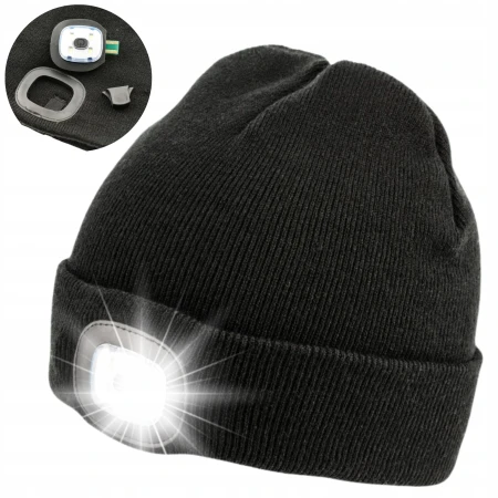 Czapka LED ZIMOWA z latarką USB OCIEPLANA czarna CIEPŁA OCHRONNA BHP
